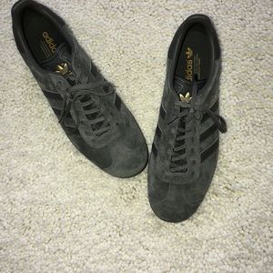 Dark Grey Adidas Gazelles With Gold Finishing